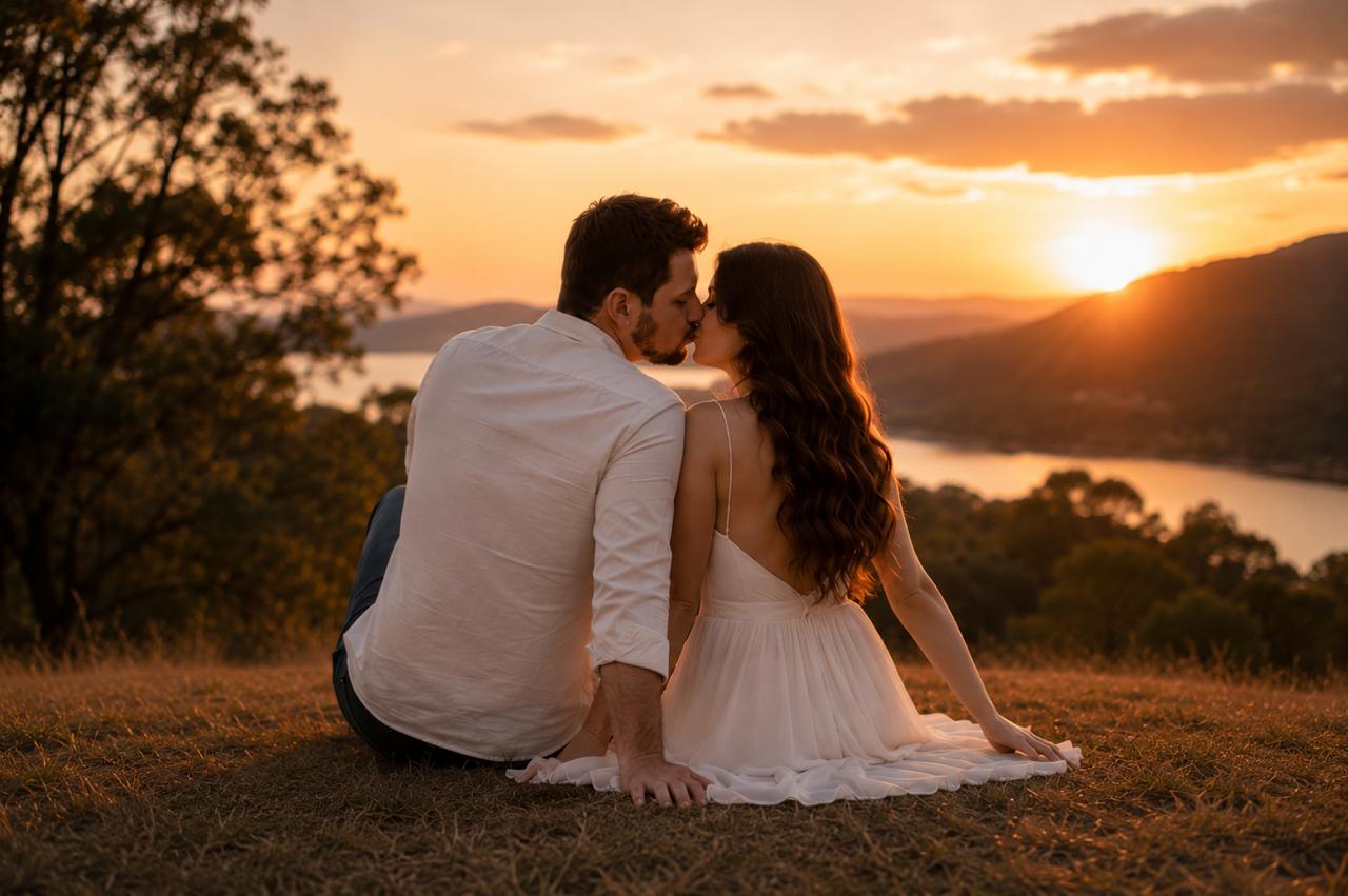 Rodrigo e Bianca juntos ao pôr do sol